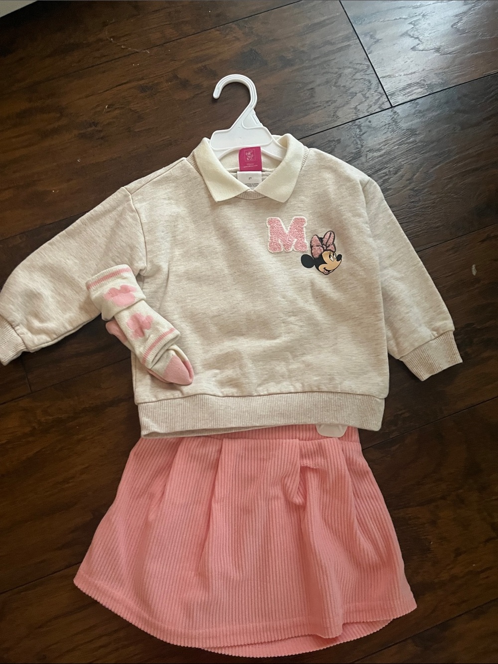 EUC DisneyCream Pullover Sweatshirt with Pink Minnie Accent and Pink Skirt Set